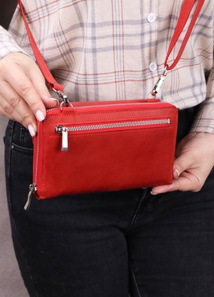 Leather Smartphone Crossbody Small Bag for Women/ Purse for iPhone 14 Pro with wrist strap/ Red/ 10117 photo