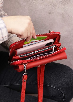 Leather Smartphone Crossbody Small Bag for Women/ Purse for iPhone 14 Pro with wrist strap/ Red/ 10118 photo