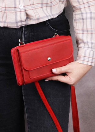 Leather Smartphone Crossbody Small Bag for Women/ Purse for iPhone 14 Pro with wrist strap/ Red/ 10119 photo