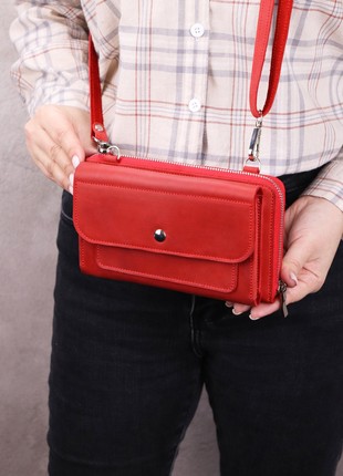 Leather Smartphone Crossbody Small Bag for Women/ Purse for iPhone 14 Pro with wrist strap/ Red/ 10114 photo