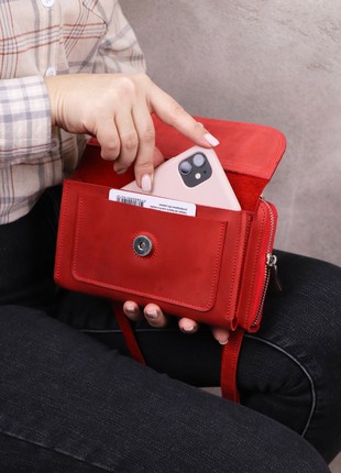 Leather Smartphone Crossbody Small Bag for Women/ Purse for iPhone 14 Pro with wrist strap/ Red/ 10113 photo