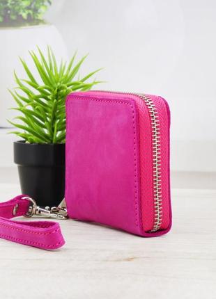 Leather mini wallet for women with wrist strap / Pink - 030083 photo