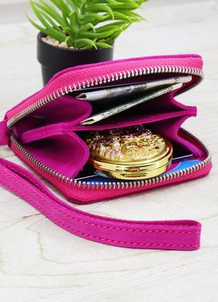 Leather mini wallet for women with wrist strap / Pink - 030084 photo
