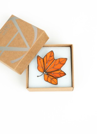 Orange maple leaf stained glass brooch2 photo