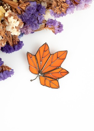 Orange maple leaf stained glass brooch4 photo