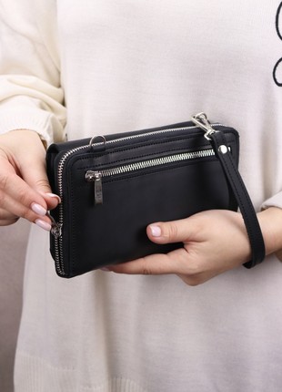 Crossbody Small Zipper Wallet for Women/ Leather bag with hand strap/ Black/ 10115 photo