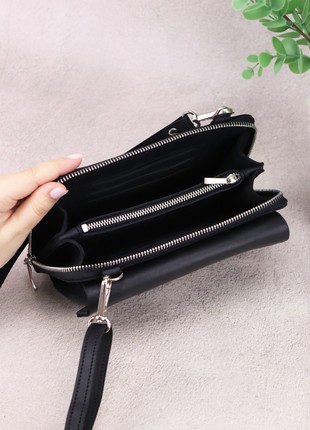 Crossbody Small Zipper Wallet for Women/ Leather bag with hand strap/ Black/ 10117 photo