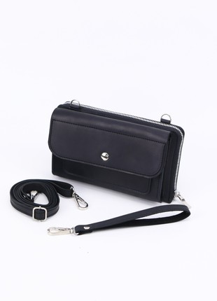 Crossbody Small Zipper Wallet for Women/ Leather bag with hand strap/ Black/ 10114 photo