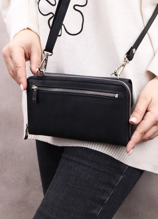 Crossbody Small Zipper Wallet for Women/ Leather bag with hand strap/ Black/ 10119 photo