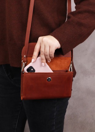 Women's small leather shoulder bag wallet for phone, money, cards/ Brown/ 10093 photo