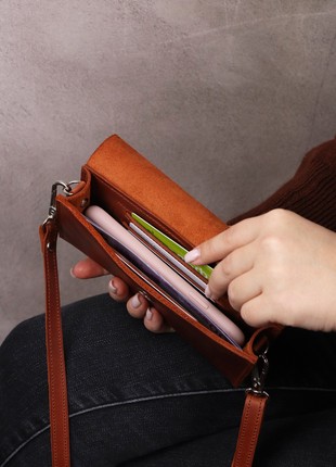 Women's small leather shoulder bag wallet for phone, money, cards/ Brown/ 10092 photo
