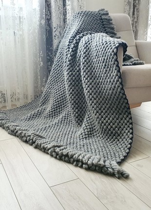 Thick woven blanket Wool Blue Gray knit blanket, 51"x 53"