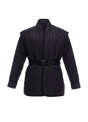 Black quilted coat with belt3 photo