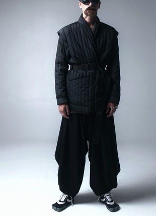 Black quilted coat with belt2 photo