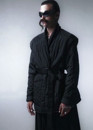 Black quilted coat with belt1 photo