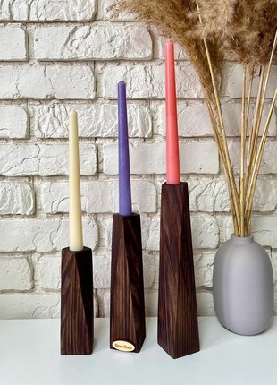 Set of candlesticks + 3 candles, wooden