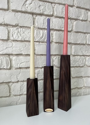 Set of candlesticks + 3 candles, wooden2 photo