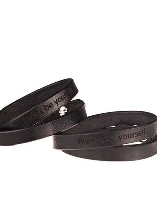 Black leather bracelet in two turns with individual engraving7 photo