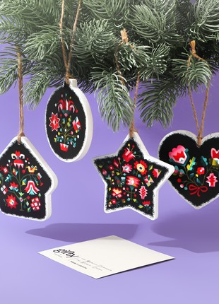 Wooden Christmas Ornament Set of 6 "NEOFOLK" by Ukrainian artist Inna Ruda. Eco Decoration.1 photo