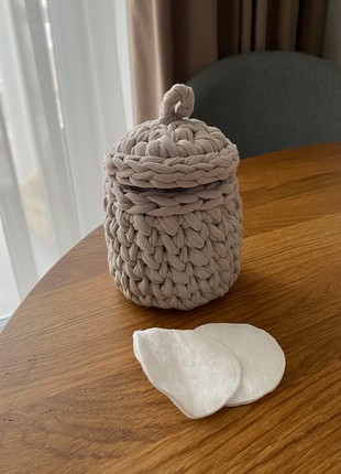Handmade knitted organizer for storing cotton buds or cotton wool discs4 photo