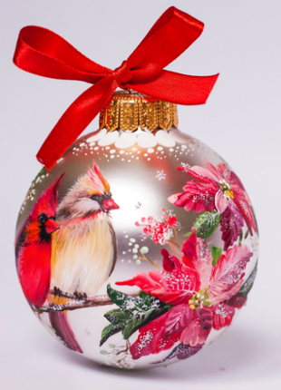 Couple of Red Cardinals Christmas Glass Ornament Hand Painted7 photo