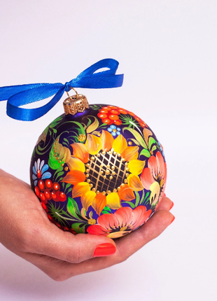 Sunflower Christmas ornament - Petrykivka floral bauble3 photo