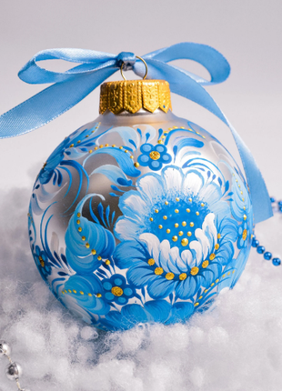 Silver Blue Ukrainian Christmas Bauble - Petrykivka Hand Painted