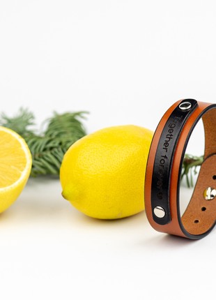 Cognac leather bracelet with a plaque with individual engraving4 photo