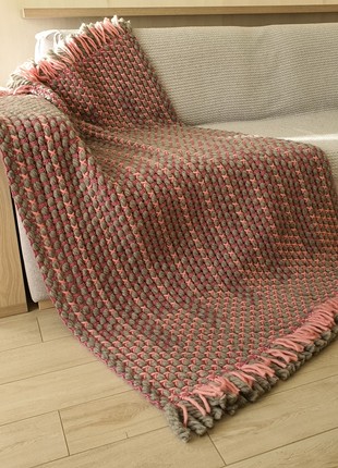 Thick woven blanket Wool Pink Gray woven blanket, 44"x 61"