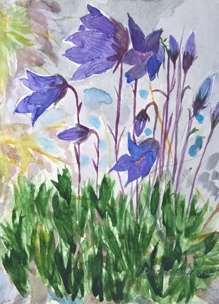 Flower art of bluebells. Painting with purple flowers.