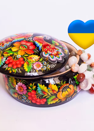 Hand Painted Petrykivka Wooden Jewelry Box with Peacock Birds1 photo