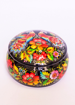 Hand Painted Petrykivka Wooden Jewelry Box with Peacock Birds3 photo