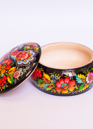 Hand Painted Petrykivka Wooden Jewelry Box with Peacock Birds6 photo