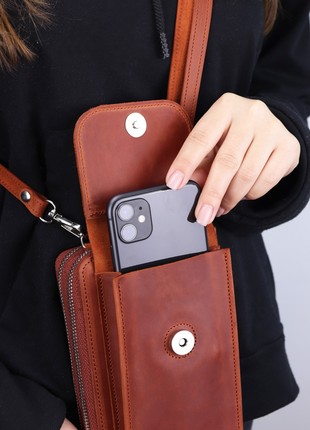 Leather crossbody bag wallet for women/ zipper purse for cell phone / Brown - 10138 photo