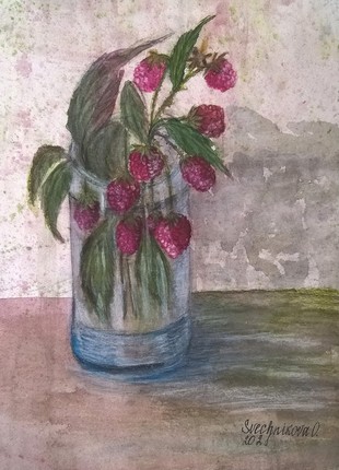 Still life watercolor with raspberries