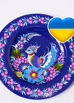 Petrykivka Blue Peacock Decorative Wooden Plate Hand Painted1 photo