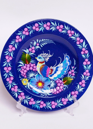 Petrykivka Blue Peacock Decorative Wooden Plate Hand Painted2 photo