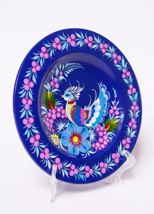 Petrykivka Blue Peacock Decorative Wooden Plate Hand Painted3 photo