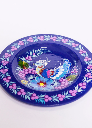 Petrykivka Blue Peacock Decorative Wooden Plate Hand Painted6 photo