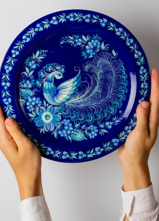 Petrykivka Blue Bird Decorative Wooden Plate Hand Painted