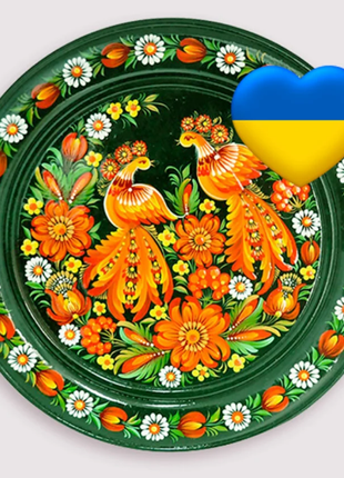 Petrykivka Orange Birds Decorative Wooden Plate Hand Painted