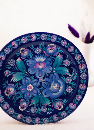 Petrykivka Blue and Pink Floral Decorative Wooden Plate Hand Painted3 photo