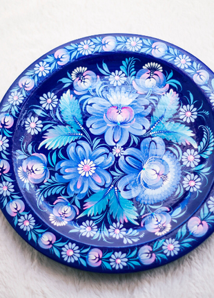 Petrykivka Blue and Pink Floral Decorative Wooden Plate Hand Painted1 photo