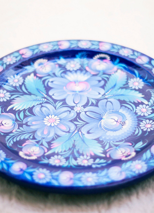 Petrykivka Blue and Pink Floral Decorative Wooden Plate Hand Painted4 photo