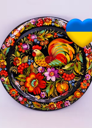 Petrykivka Rooster Decorative Wooden Plate Hand Painted