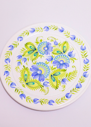 Petrykivka Blue and Green floral Decorative Wooden Plate Hand Painted