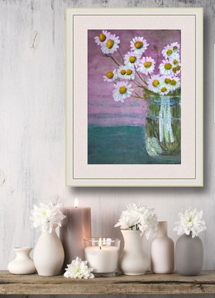 Watercolor still life with a bouquet of daisies
