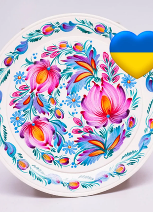 Petrykivka Pink and Blue floral Decorative Wooden Plate Hand Painted