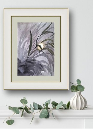 Watercolor painting with delicate green grass against the background of the rising sun