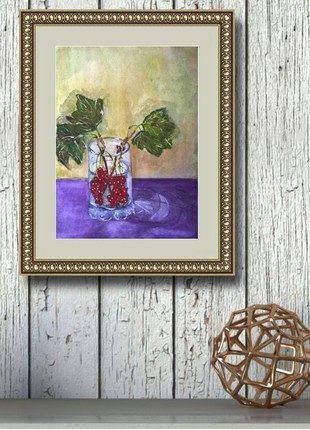 Watercolor painting with sprigs of red viburnum in a glass of water